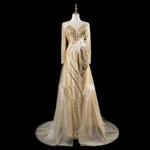 Luxury Champagne Beaded Mermaid Gown with Feather Accents