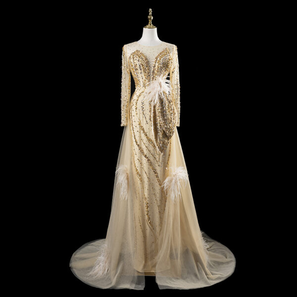 Luxury Champagne Beaded Mermaid Gown with Feather Accents