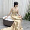 champagne satin formal gown with beaded off-the-shoulder bodice and mermaid train