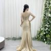 champagne satin mermaid prom dress with beaded off-the-shoulder bodice and train