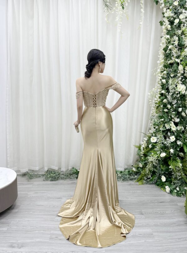 champagne satin mermaid prom dress with beaded off-the-shoulder bodice and train