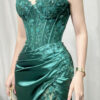 emerald green lace corset evening gown with satin mermaid skirt and high slit