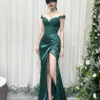 emerald green lace mermaid evening gown with off-the-shoulder corset bodice and high slit