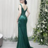 emerald green satin mermaid prom dress with lace off-the-shoulder bodice and train