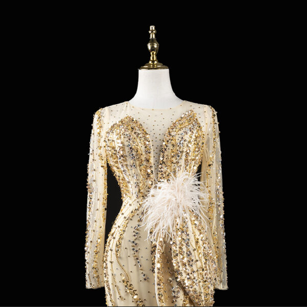Glamorous Champagne Beaded Gown with Feather Details for Galas