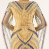 Opulent gold & blue beaded dress for weddings, galas, and high-end formal events.