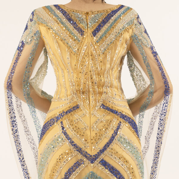 Opulent gold & blue beaded dress for weddings, galas, and high-end formal events.