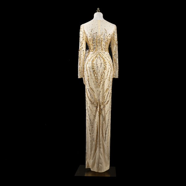 Champagne Luxury Evening Gown with Beading and Feather Details