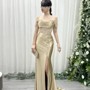 Off Shoulder Satin Prom Gown with Beaded Embellishments | Elegant Evening Dress YY01