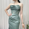 sage green beaded corset evening gown with satin mermaid skirt and train
