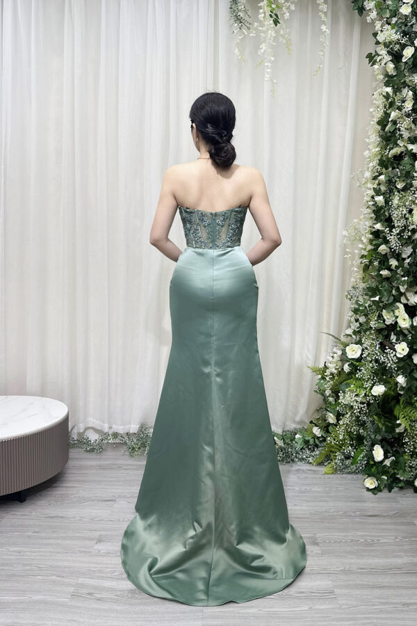 sage green satin formal gown with strapless cowl neck and mermaid train