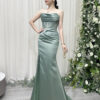 sage green satin mermaid evening gown with strapless cowl neck and beaded lace corset