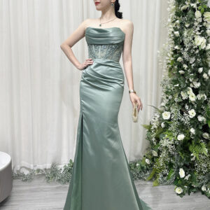 sage green satin mermaid evening gown with strapless cowl neck and beaded lace corset
