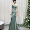 sage green satin mermaid prom dress with beaded lace corset and train