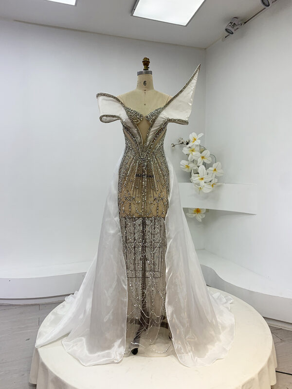 Luxury Crystal Beaded Pageant Gown with Dramatic Sheer Cape