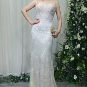 White Sequin Lace Spaghetti Strap Mermaid Evening Gown - Formal Prom Dress