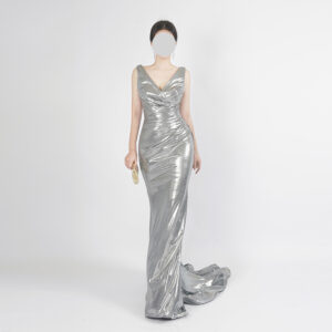 Silver Metallic Evening Gown with Mermaid Silhouette