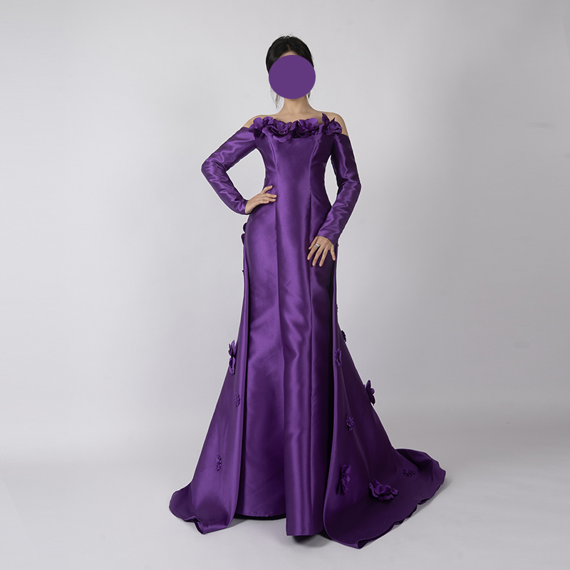 Luxury Purple Off-Shoulder Stage Gown with Handmade 3D Floral Details