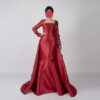 Glamorous Red Satin Long Sleeve Evening Gown with Floral Details - Elegant Square Neck Mermaid Dress for Formal Occasions