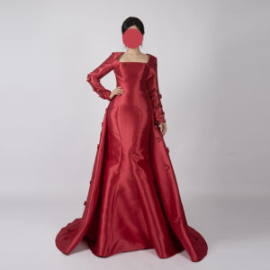 Glamorous Red Satin Long Sleeve Evening Gown with Floral Details - Elegant Square Neck Mermaid Dress for Formal Occasions