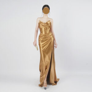 Golden Satin Corset Evening Gown with Side Slit