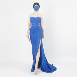 Blue Sequined Strapless High-Slit Evening Gown