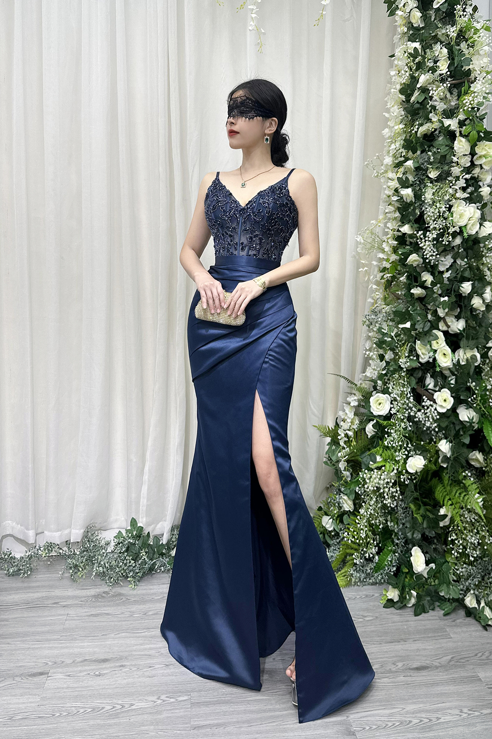 Navy Blue Spaghetti Strap Beaded Satin Evening Dress with High Slit - Formal Party Gown YY23 - Image 4