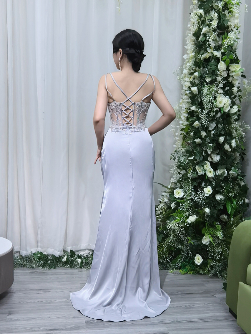 Satin Mermaid Evening Dress with Sheer Crystal-Embellished Bodice