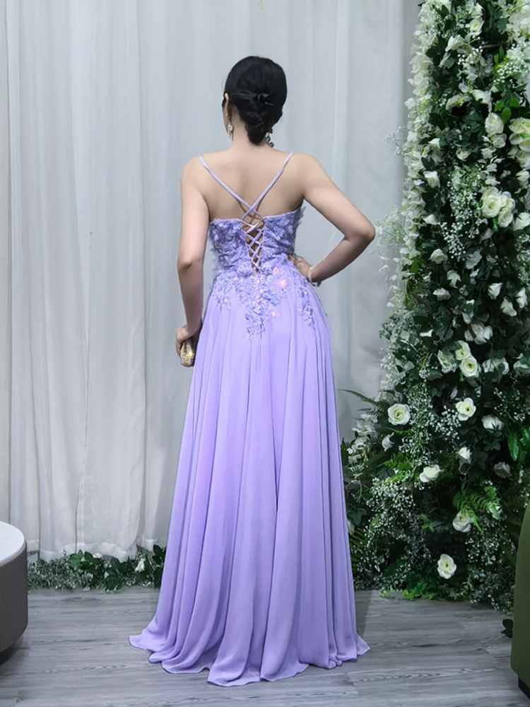 Lavender Floral Lace Appliqué V-Neck Spaghetti Strap Evening Gown