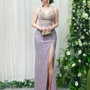 Purple Prom Dress with Beaded Bustier, High Slit