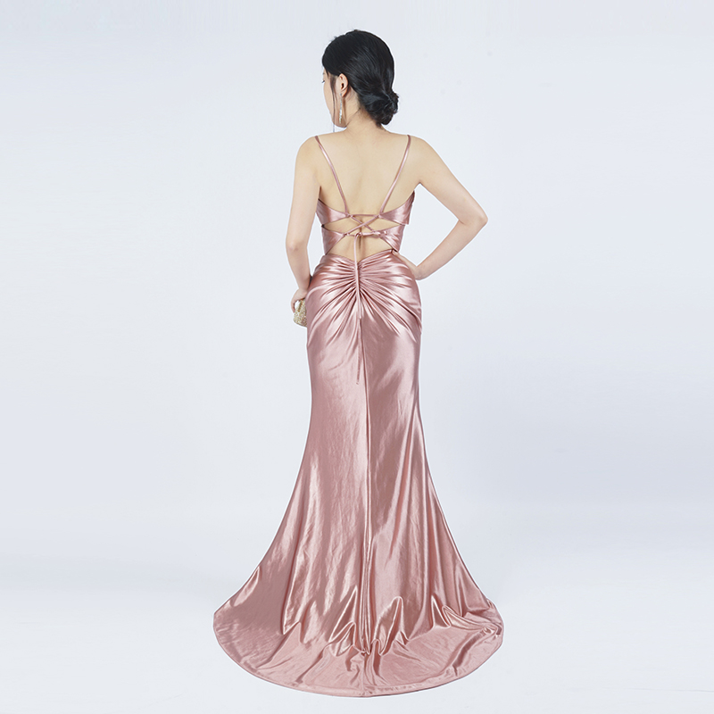 Rose Gold Satin Spaghetti Strap Side Slit Mermaid Evening Gown - Image 2