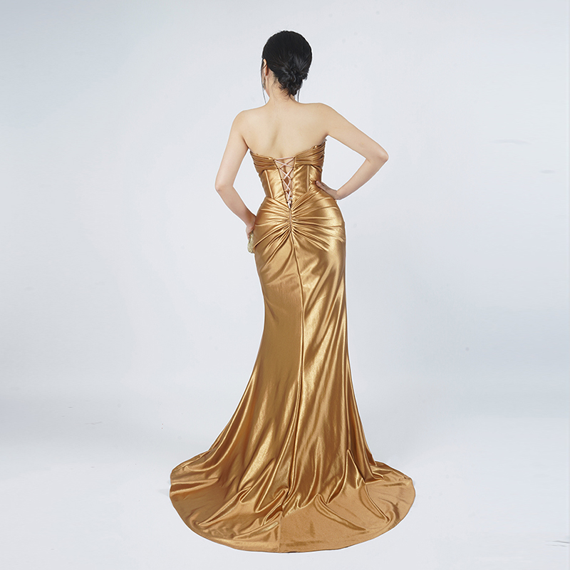 Golden Satin Corset Evening Gown with Side Slit - Image 2