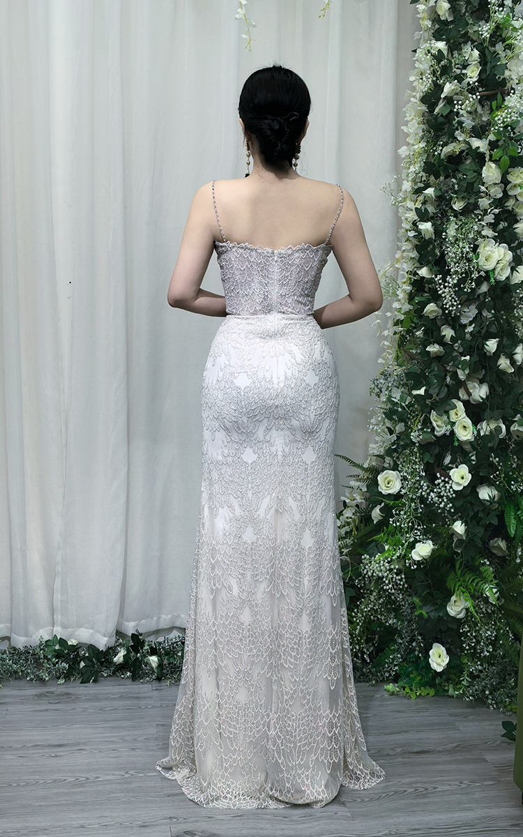 White Sequin Lace Spaghetti Strap Mermaid Evening Gown - Formal Prom Dress YM8 - Image 3