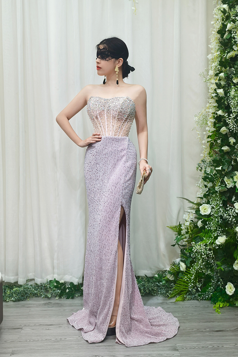 Lavender Sequin Strapless Mermaid Evening Dress with Crystal-Embellished Bodice & High Slit - Formal Party Gown YM12 - Image 3