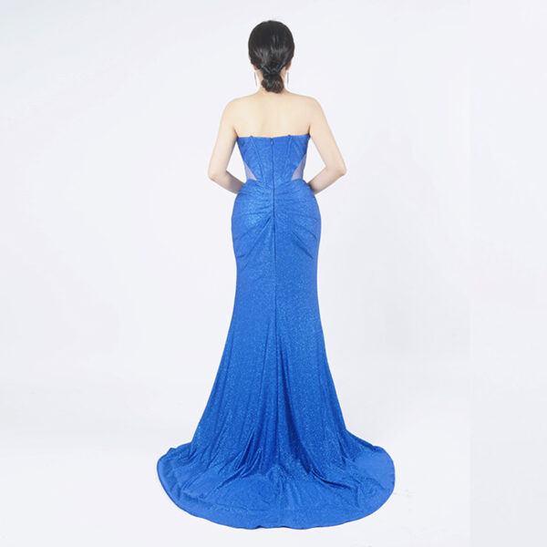 Blue Sequined Strapless High-Slit Evening Gown