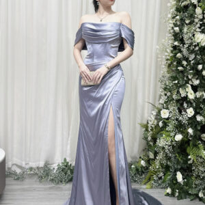 Lilac Off-Shoulder Satin Mermaid Evening Gown with High Slit and Train - Formal Party Dress