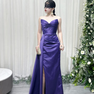 Royal Purple Strapless Satin Evening Dress with Draped Detail & High Slit - Formal Party Gown