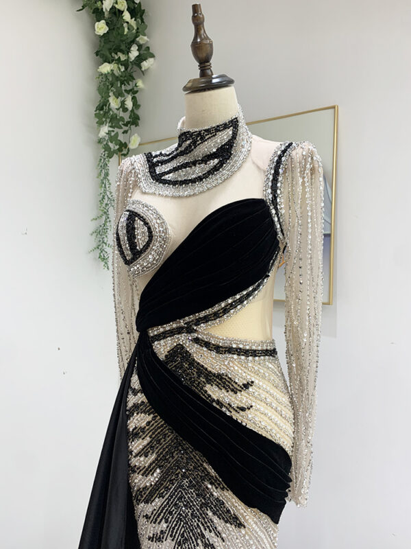 Black and Silver Crystal Beaded Pageant Gown with Dramatic Train