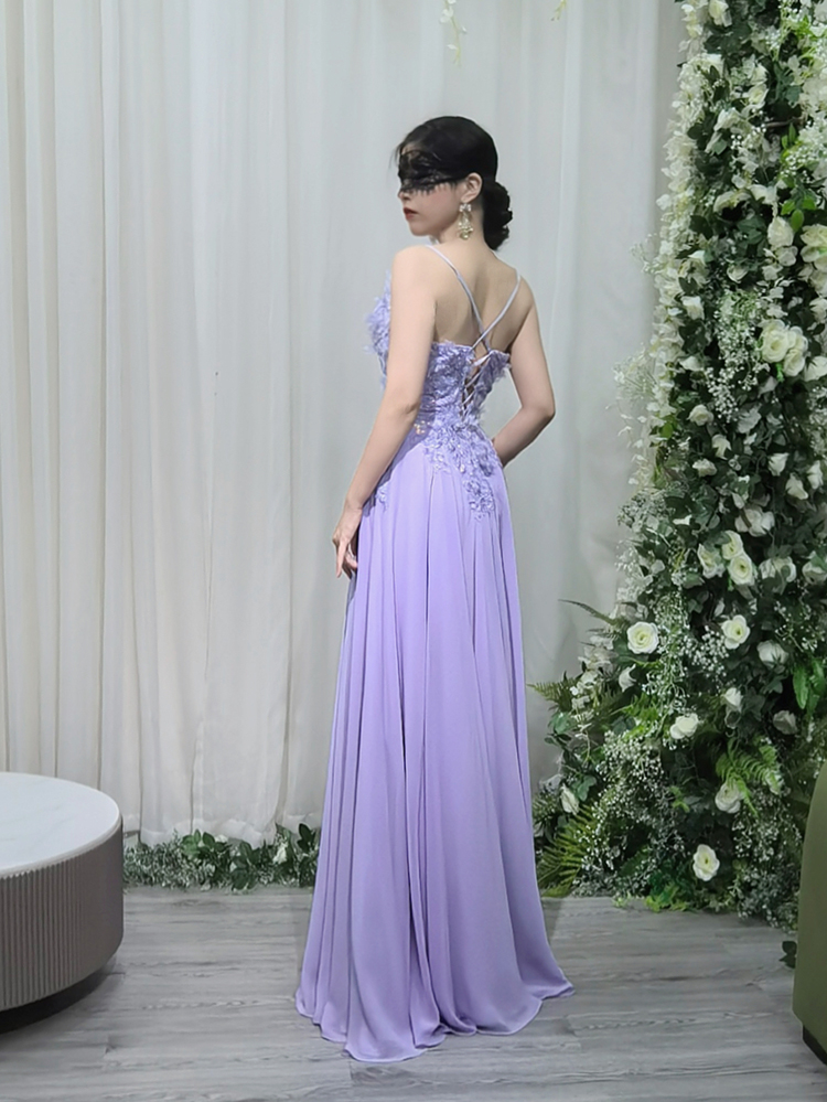 Lavender Floral Lace Appliqué V-Neck Spaghetti Strap Evening Gown - Image 4