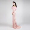 Blush Pink Feather Off Shoulder Evening Gown with Floral Appliqué