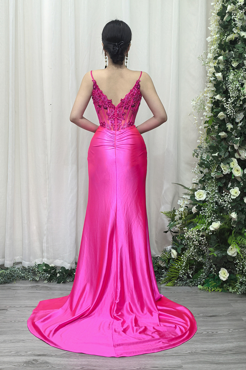 Rose Red Satin Evening Gown with Beaded Lace Bodice, Spaghetti Straps & High Slit Formal Dress YM2 - Image 4