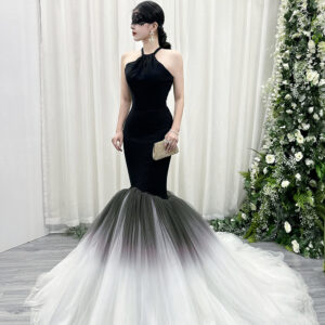 Black Halter Neck Mermaid Evening Dress with Ombre Tulle Skirt & Long Train - Formal Gala Gown