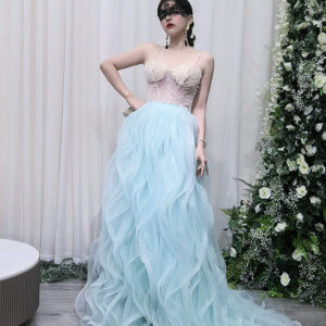 Ruffled Tulle Evening Dress with Beaded Bodice