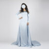 Romantic light blue off-shoulder satin gown with beaded bodice, long sleeves, and mermaid train