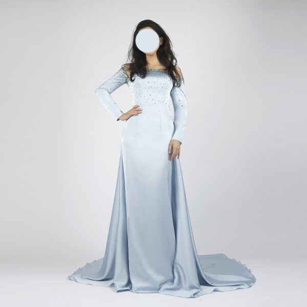 Romantic light blue off-shoulder satin gown with beaded bodice, long sleeves, and mermaid train