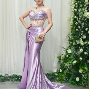 Sexy Purple Satin Evening Gown with Beaded Corset, Cutout Design and High Slit