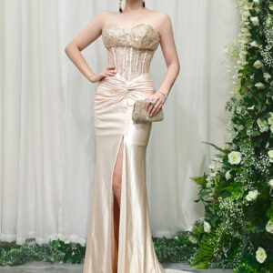 Champagne Strapless Sequin-Embellished Mermaid Evening Dress with High Slit & Train - Formal Party Gown