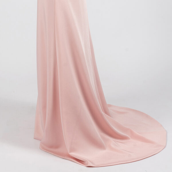 Blush Pink Feather Off Shoulder Evening Gown with Floral Appliqué