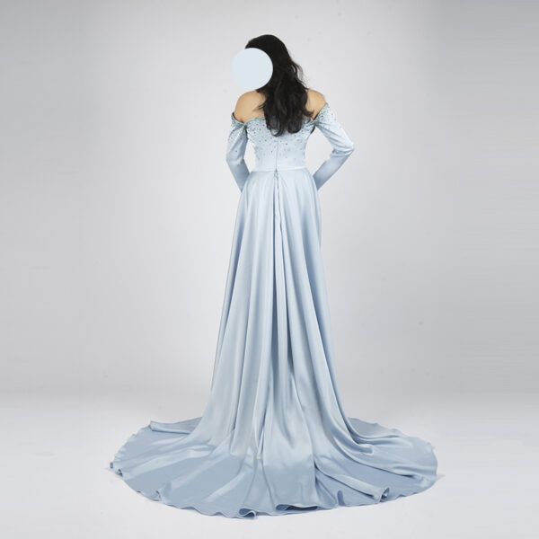 Light blue off-the-shoulder mermaid evening gown with beaded bodice, long sleeves, and satin train