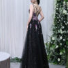 Black beaded floral evening gown with spaghetti straps, luxury formal dress for gala red carpet